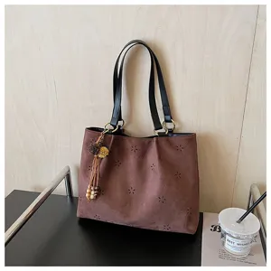 Braune Wildleder Handtasche für Damen Herbst koreanischer Stil Schultertasche mit Blumenmuster