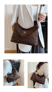 Stylish leopard print velvet shoulder bag for women with brown trim and cute bear pendant.