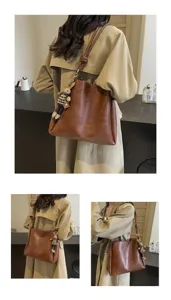 Autumn winter commuting single shoulder bag, large capacity PU bucket bag with cute rabbit charm.