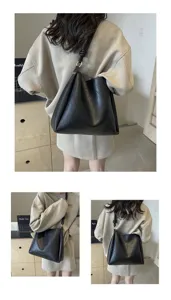 Stylish large capacity shoulder bucket bag for women, classic black commuting casual handbag.
