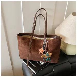 Vintage brown suede diamond quilted tote bag for women, large capacity shoulder commuting handbag.
