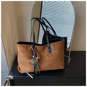 Suede Diamond Quilted Tote Bag Women Retro Commuting Spliced Shoulder Large Capacity