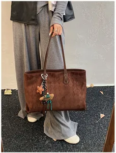Large capacity suede diamond pattern tote bag vintage casual single shoulder handbag for women