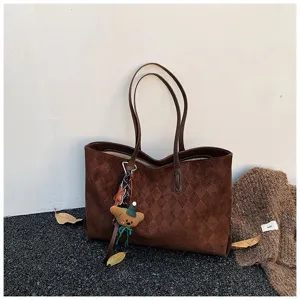 Brown suede quilted tote bag for women, vintage large capacity shoulder handbag with cute pendant.