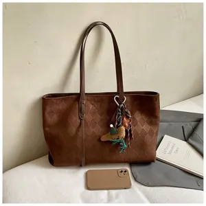 Vintage brown suede quilted tote bag for women, large capacity stylish shoulder bag.