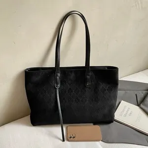 Black suede diamond quilted tote bag for women, large capacity vintage shoulder bag.