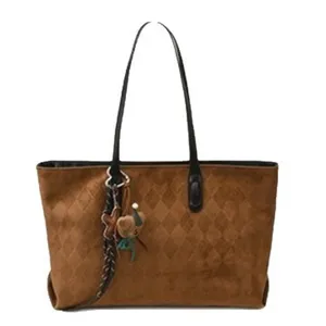 Brown suede diamond pattern tote bag, large capacity retro commuter style shoulder bag for women.