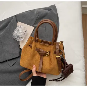 Retro autumn winter suede drawstring handbag versatile spliced shoulder crossbody bag for women