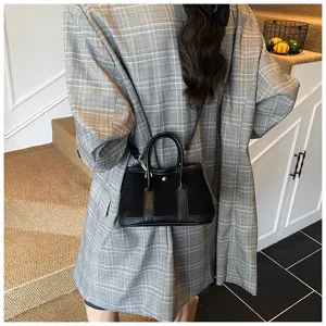 Retro suede patchwork shoulder bag for women, luxury designer style handbag with top handle.