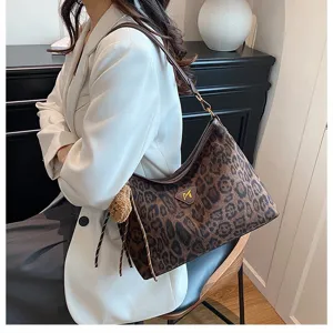 Leopard print suede shoulder underarm bag for women, large capacity stylish tote bag.