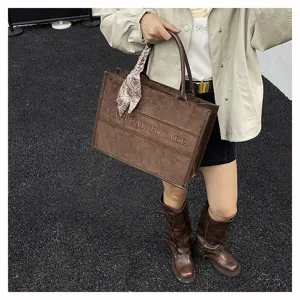 Stylish large capacity suede tote bag with fashion silk scarf for women daily commuting