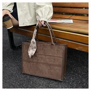Women Large Capacity Suede Tote Bag Casual Travel Shoulder Handbag With Silk Scarf Letter Embossed Fashion Bag