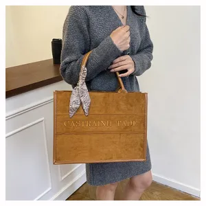 Large capacity suede tote bag with chic silk scarf and stylish letters for women daily use