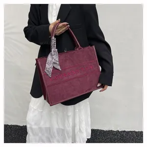 Luxury suede tote bag with embroidered letters and chic scarf, large capacity handbag for women