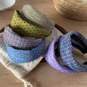 Diadema ancha de tela con divertidos patrones de cuadros y topos, estilo vintage coreano.