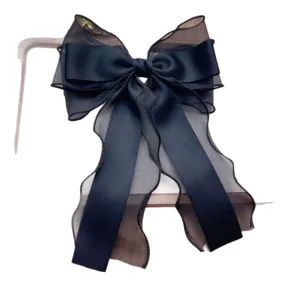 Fermaglio per capelli con fiocco nero e lunghi nastri, elegante stile ballet donna.