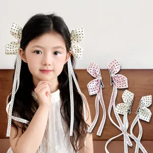Lindo pasador de pelo con lazo de lunares para niñas, accesorios de satén con diamantes.