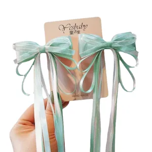 Niños Hanfu verde menta lazo horquillas de pelo cinta larga linda hada accesorios