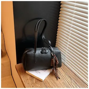 Classic black PU leather bowling shoulder bag detailed view, elegant retro pillow purse design.