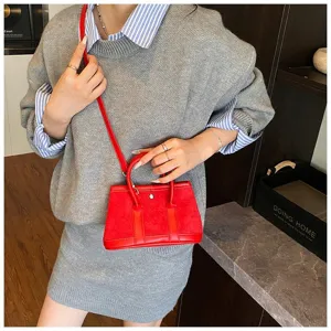 Retro suede patchwork mini shoulder crossbody bag for women, stylish red tote purse with strap.