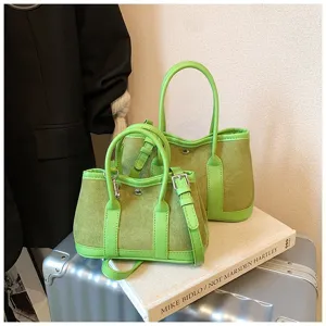Green suede patchwork handbag set, stylish small shoulder tote bag with adjustable strap.