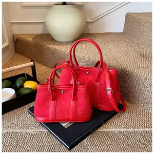 Red suede patchwork shoulder handbag set, vintage top handle tote and messenger bag for women.
