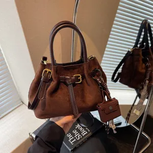 Women Retro PU Leather Drawstring Bucket Bag Patchwork Crossbody Shoulder Bag Casual Handbag With Pendant