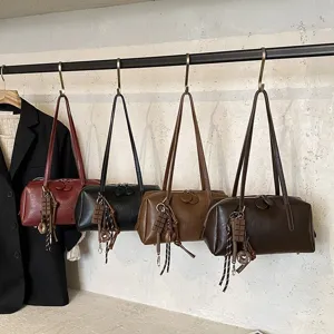 Retro PU leather bowling bag chic underarm shoulder pillow bag with cute charms for women