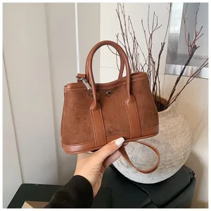 Autumn winter vintage suede patchwork tote bag with top handle and shoulder strap for women.