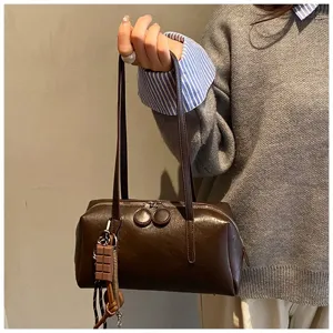 Retro PU Leather Bowling Shoulder Bag Women Casual Chic Underarm Pillow Bag with Charm