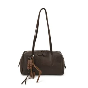 Chic dark brown PU leather shoulder bag, stylish bowling pillow bag with chocolate charm.