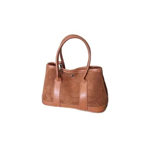 Brown Suede Patchwork Handbag Retro Tote Bag Chic Casual Crossbody Bag for Women