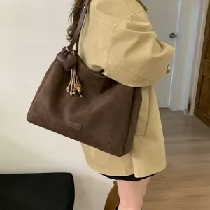 Autumn winter vintage suede tote bag for women, large capacity shoulder messenger bag.