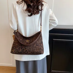 Chic leopard print velvet shoulder bag for women, large capacity stylish tote and armpit bag.