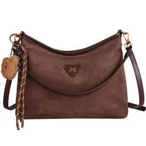 Brown suede women shoulder crossbody bag large capacity hobo tote bag with cute bear charm.