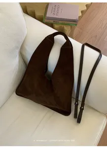 Brown suede hobo shoulder bag, large capacity retro minimalist casual tote for autumn.