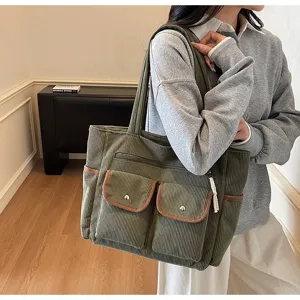 2025 New Corduroy Tote Bag Contrast Pockets Casual Shoulder Bag Multi-Pocket Handbag Women