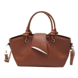 Women fashion casual PU leather handbag top handle shoulder crossbody bag brown color.