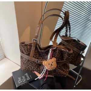 Casual leopard print tote bag with cute bear pendant, large capacity vintage shoulder handbag for women.
