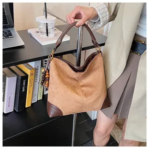 Vintage καφέ σουέτ patchwork hobo τσάντα ώμου με κομψό ξύλινο χάντρα για καθημερινή χρήση
