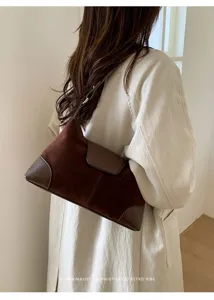 Retro PU suede patchwork shoulder bag for women, vintage autumn winter underarm handbag.