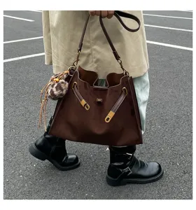 Retro brown suede tote bag for women, large capacity shoulder and crossbody commuter bag.