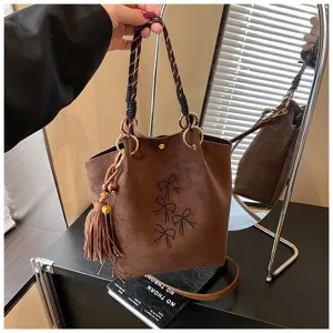Damen Wildleder Eimerbeutel Mode Umhängetasche Handtasche Mit Schleife Quaste Design Lässige PU Leder Schultertasche Für Den Täglichen Gebrauch