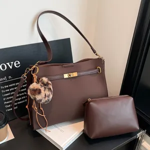 Vintage Frosted PU Leather Tote Bag For Women Large Capacity Commuter Shoulder Crossbody Bag With Purse And Pendant