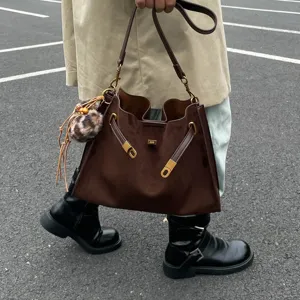 Retro brown suede tote bag for women, large capacity shoulder crossbody bag with chic hardware.