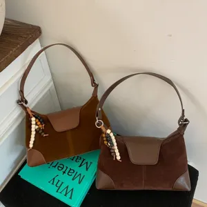 Retro PU Suede Patchwork Shoulder Bag For Women Casual Solid Color Underarm Bag Vintage Daily Handbag