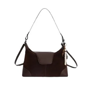 Retro suede PU patchwork shoulder bag vintage autumn winter fashion women's handbag main view