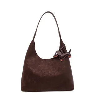 Retro donkerbruine schoudertas voor dames, grote minimalistische hobotas met schattige hond.
