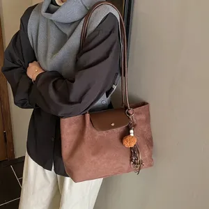 Korean style large capacity brown suede shoulder bag for women elegant daily commute fashion tote bag