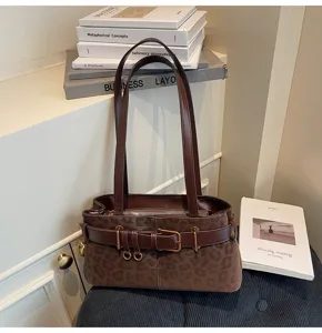 Brown suede leopard print shoulder bag for women, retro casual commuter tote and underarm bag.